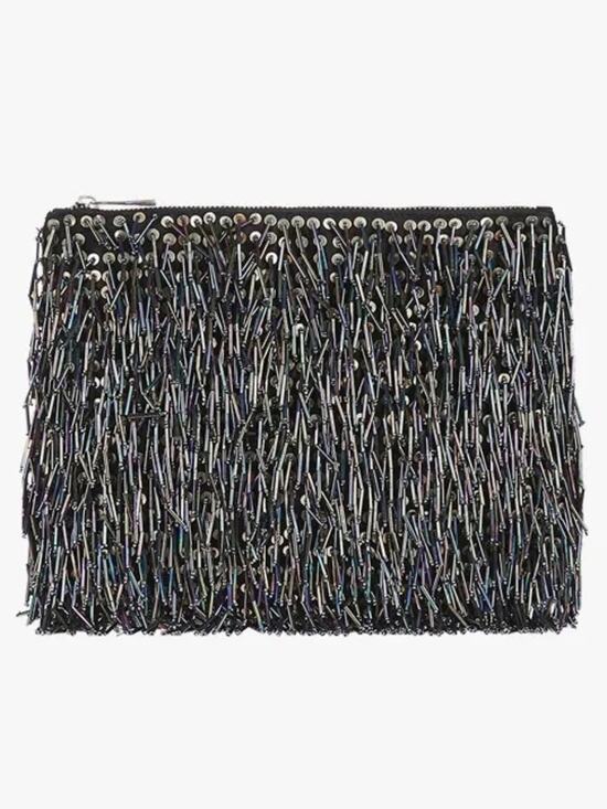 Topshop Handbags - Topshop Beaded Fringe Clutch Multicolor Metallic Evening Zip Bag Chic